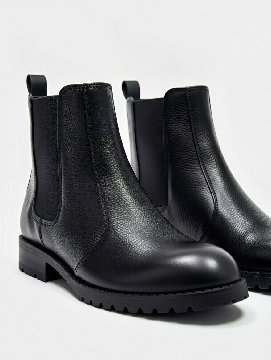Men’s black leather Chelsea boots with elastic side panels and durable sole