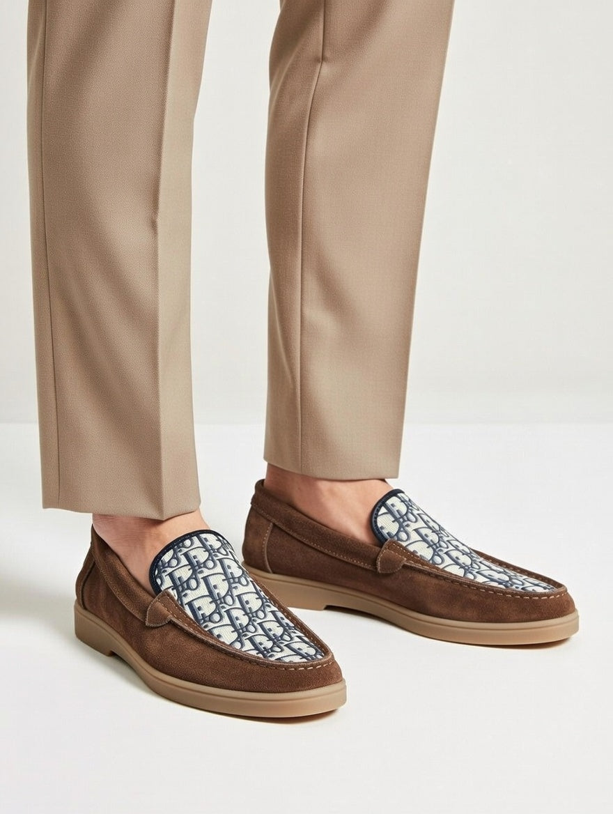 Men’s Brown Designer Loafers with Patterned Panel – Slip-On Casual Shoes