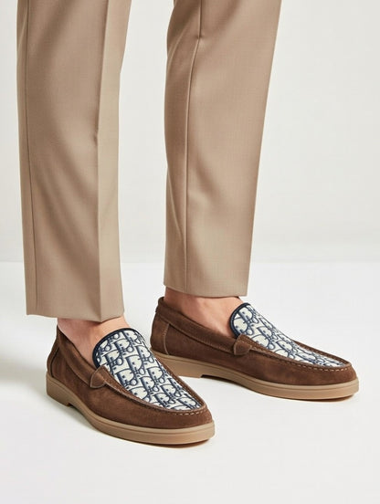 Men’s Brown Designer Loafers with Patterned Panel – Slip-On Casual Shoes