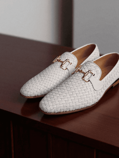 handmade leather loafers, white woven loafers, men’s formal shoes, luxury loafers for men, genuine leather loafers, wedding shoes for men, designer loafers Pakistan