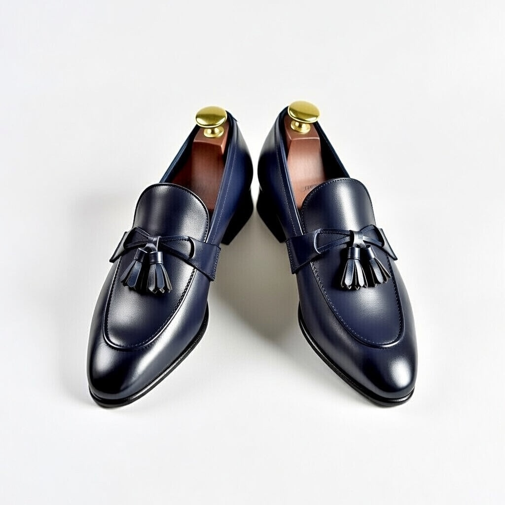 Pair of navy loafers with tassels on a light gray background