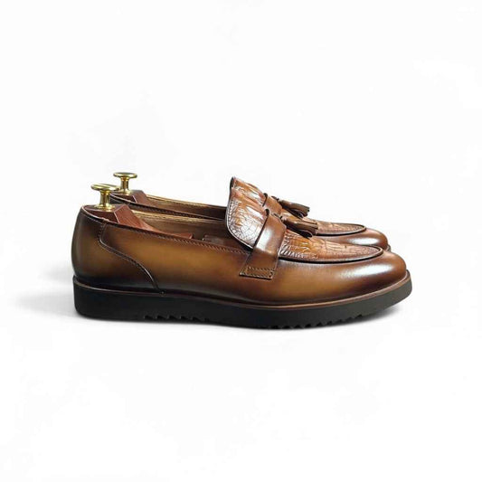 Leka"Tan Croc-Textured Leather Tassel Loafers for Men