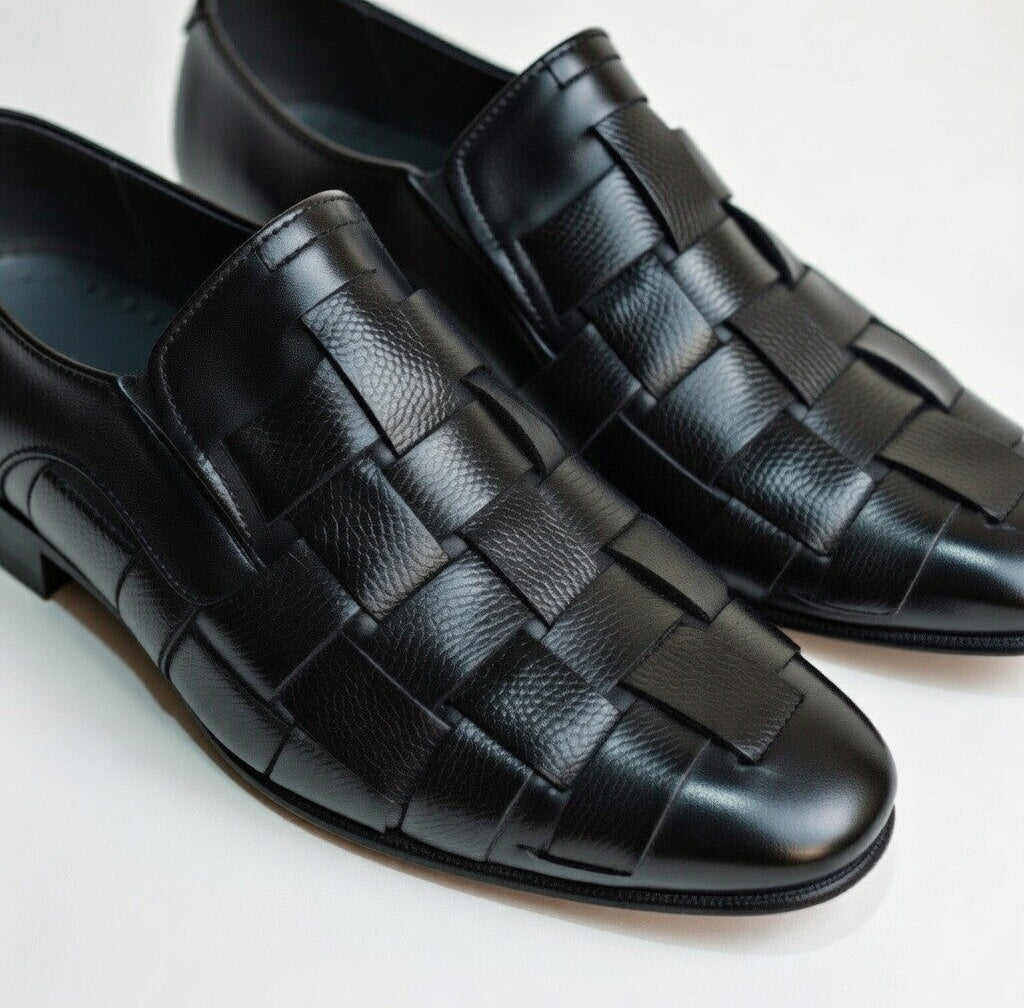 As - Wokib"Handmade Black Leather handwoven Mocation