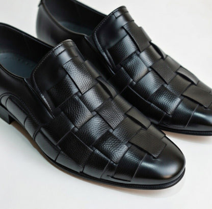 As - Wokib"Handmade Black Leather handwoven Mocation