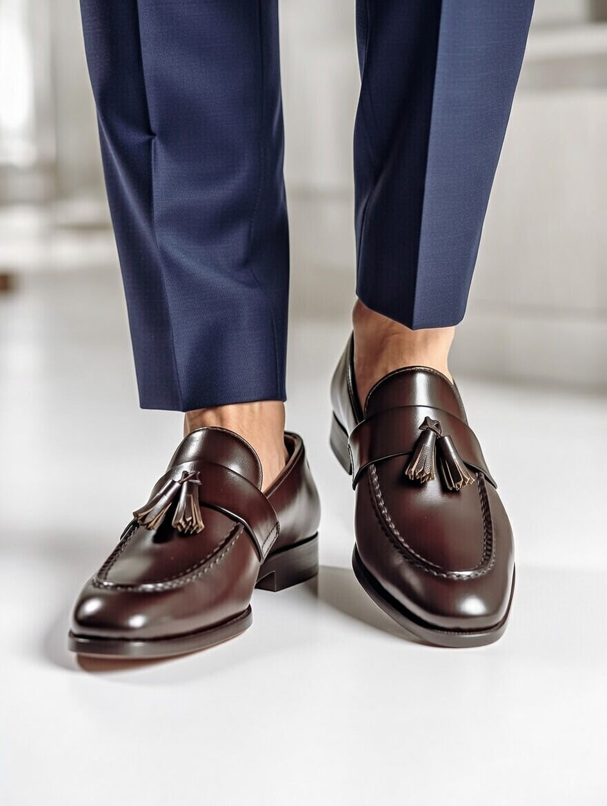 Brown loafers with tassels worn with navy pants on a light background
