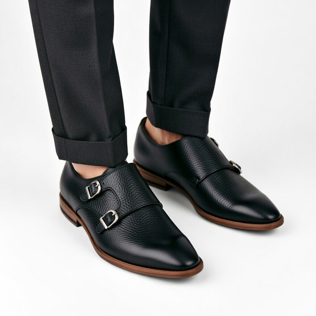 Black leather shoes with brown soles worn with black pants on a light gray background