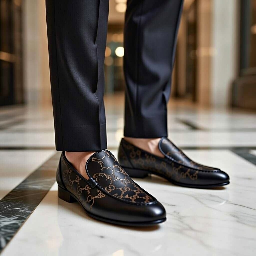 Black loafers with gold embroidery worn with dark pants on a marble floor.