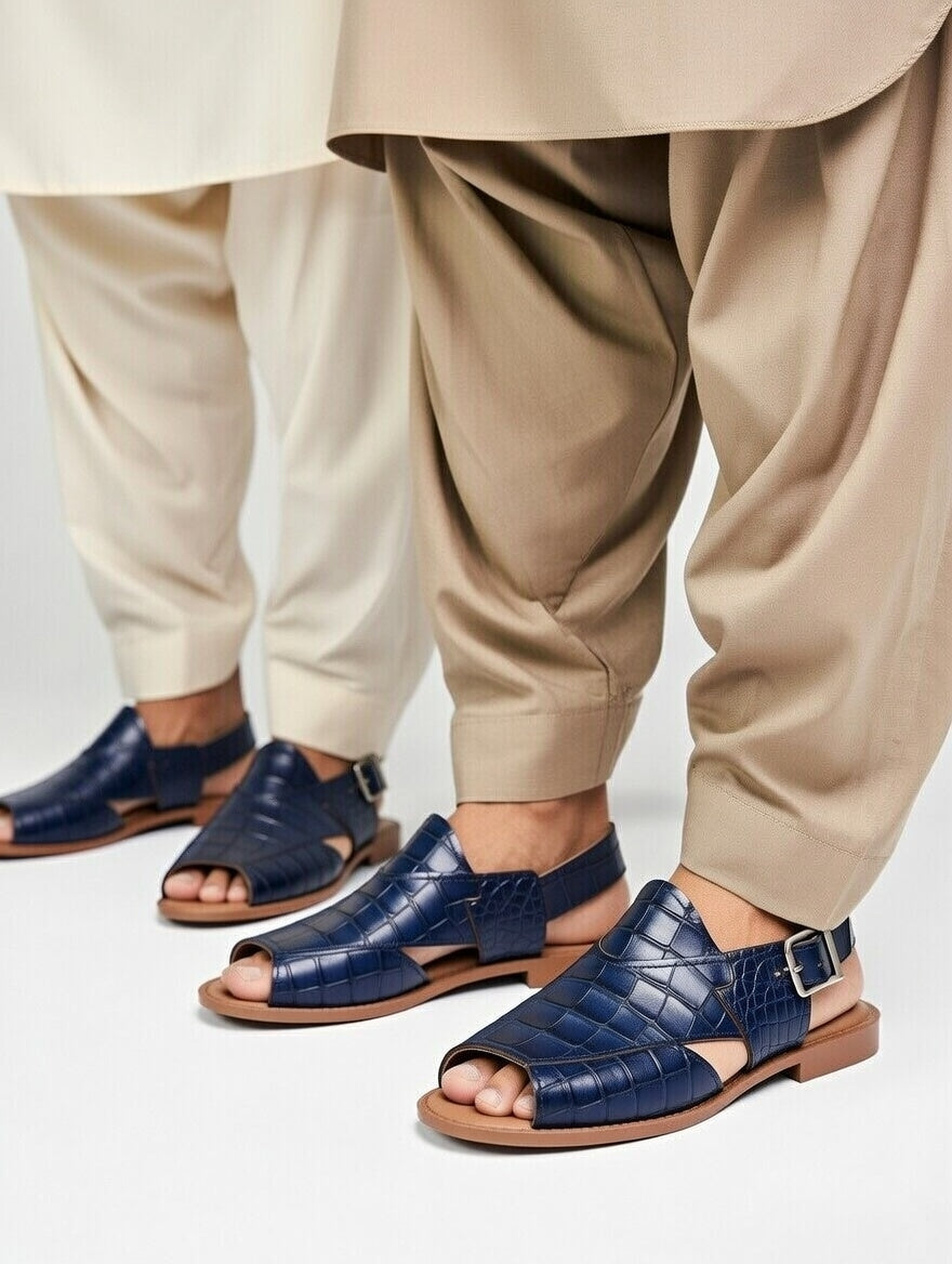 Two pairs of legs wearing beige pants and blue sandals on a light gray background
