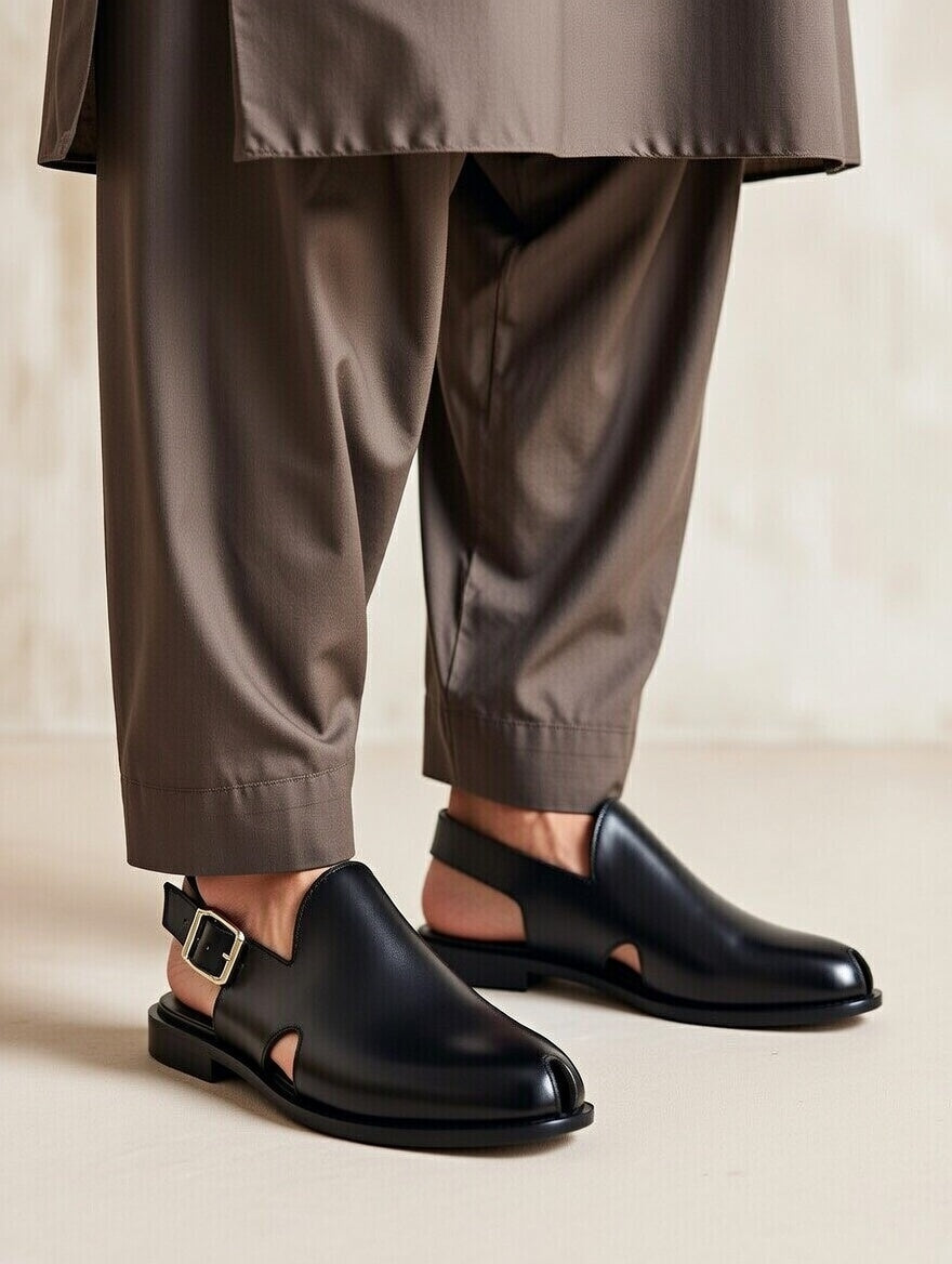 Black leather shoes with cut-out design worn with brown pants on a neutral background