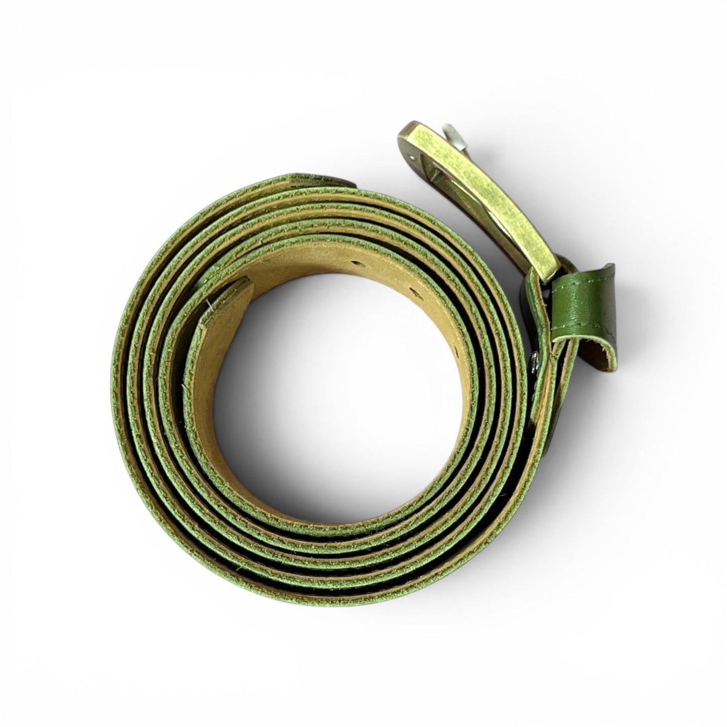 An olive green leather belt coiled on a white background, showing its textured exterior and smooth tan interior.