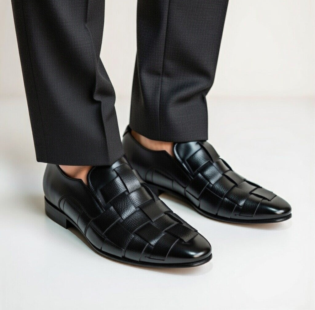 As - Wokib"Handmade Black Leather handwoven Mocation
