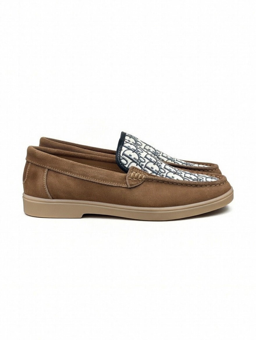 Men’s Brown Designer Loafers with Patterned Panel – Slip-On Casual Shoes
