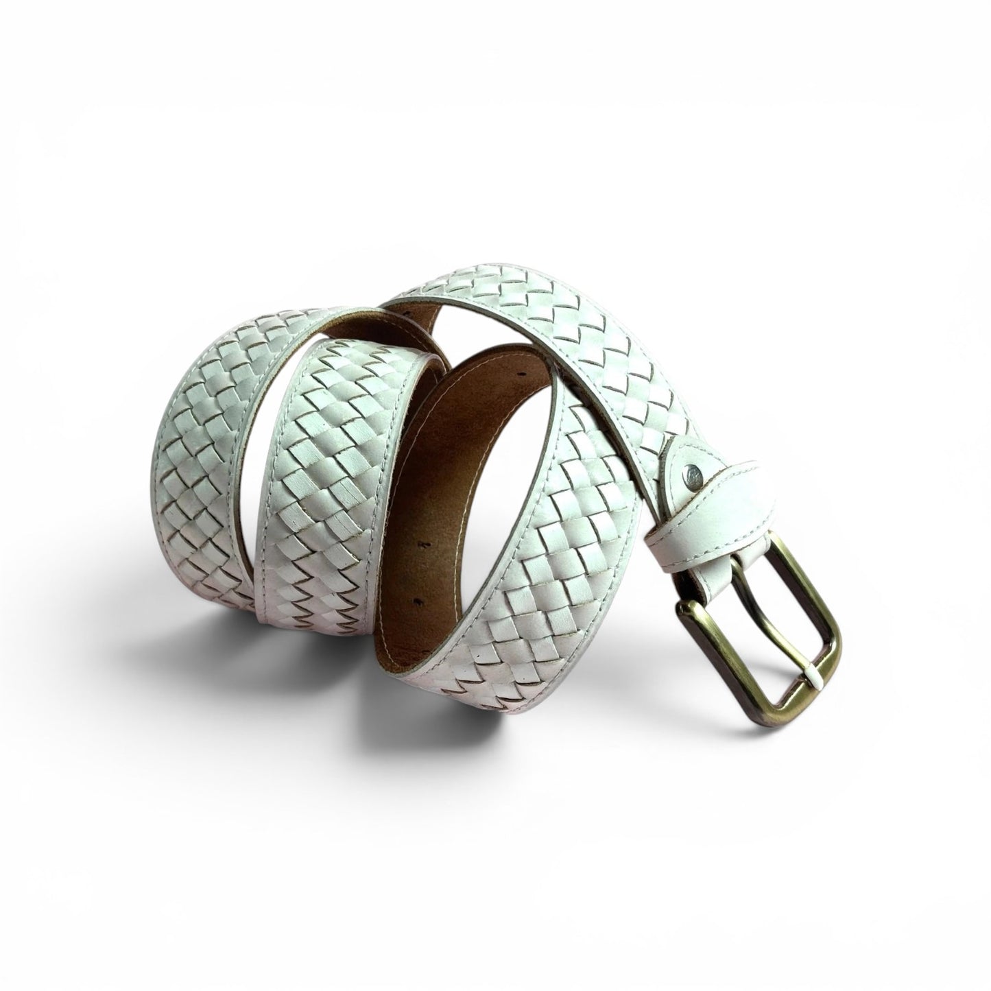 A woven leather belt in a pale mint green color, coiled on a white background with a gold-tone metal buckle..
