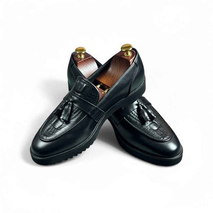 AS - Leka"Black Croc-Textured Leather Tassel Loafers for Men