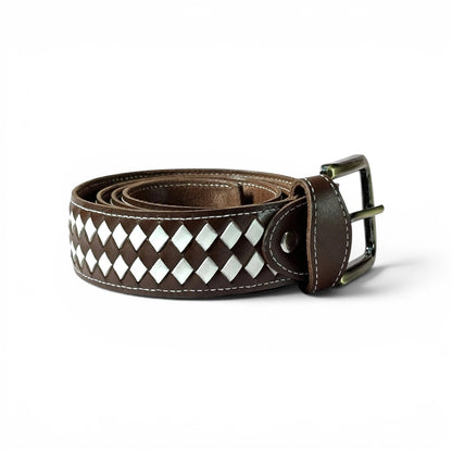 A dark brown leather belt with a woven diamond pattern in white and dark brown, featuring a dark metal buckle.