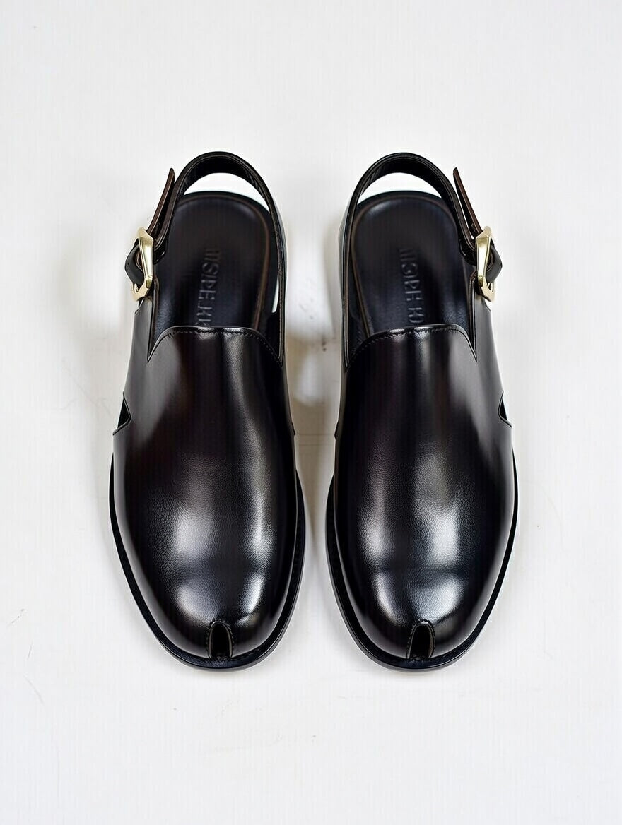 Pair of black leather shoes on a light gray background