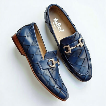 Men’s Navy Blue Woven Leather Loafers – Premium Handmade Slip-On Formal Shoes