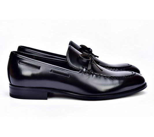 Pair of black dress shoes on a white background