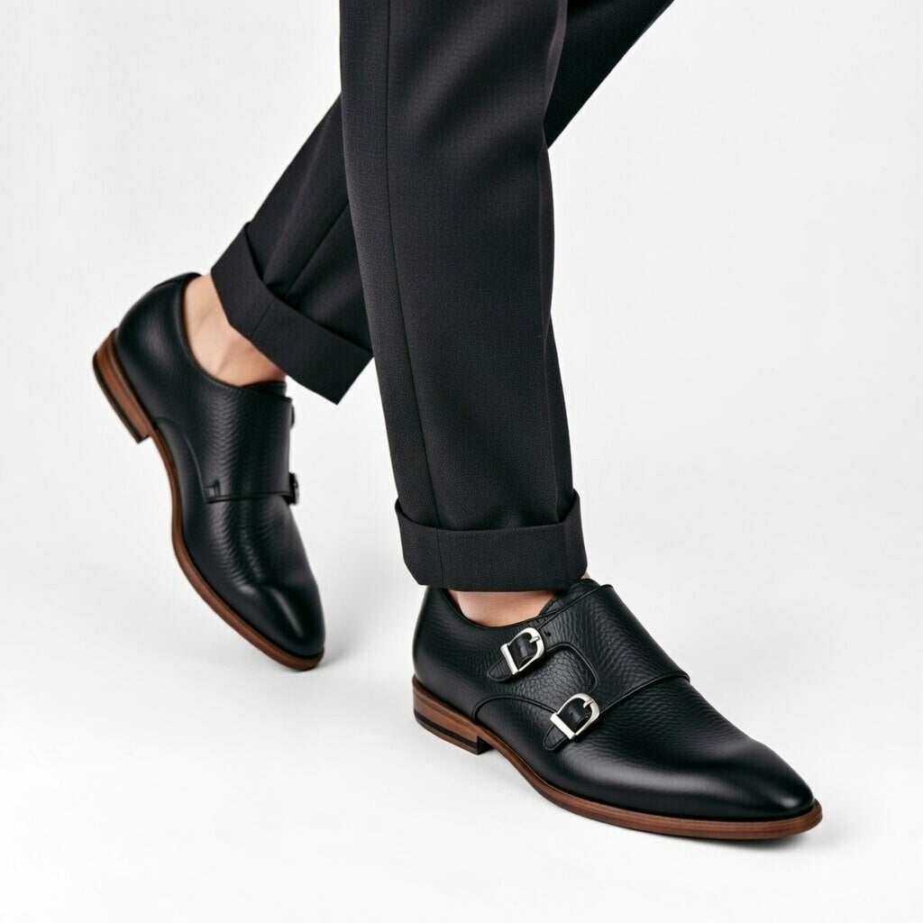 Black leather shoes with brown soles worn with black pants on a white background