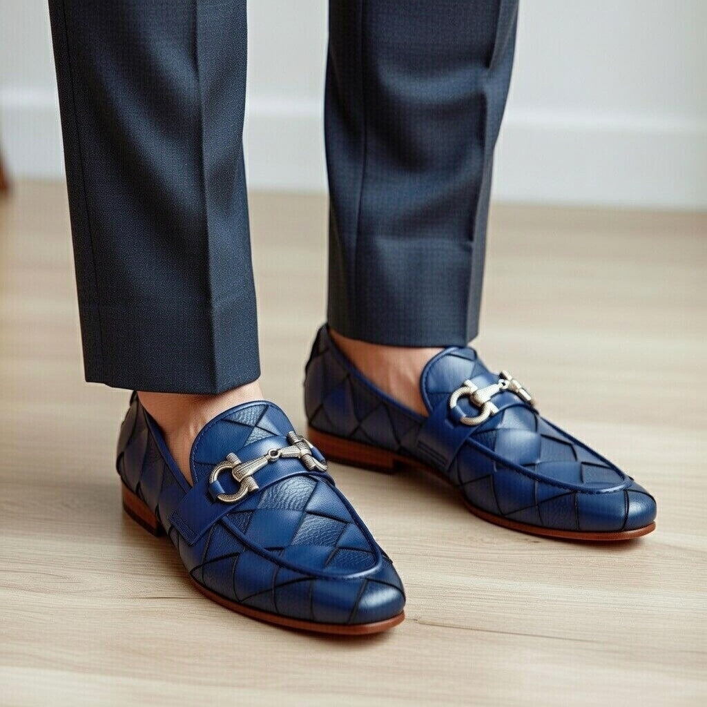 Men’s Navy Blue Woven Leather Loafers – Premium Handmade Slip-On Formal Shoes
