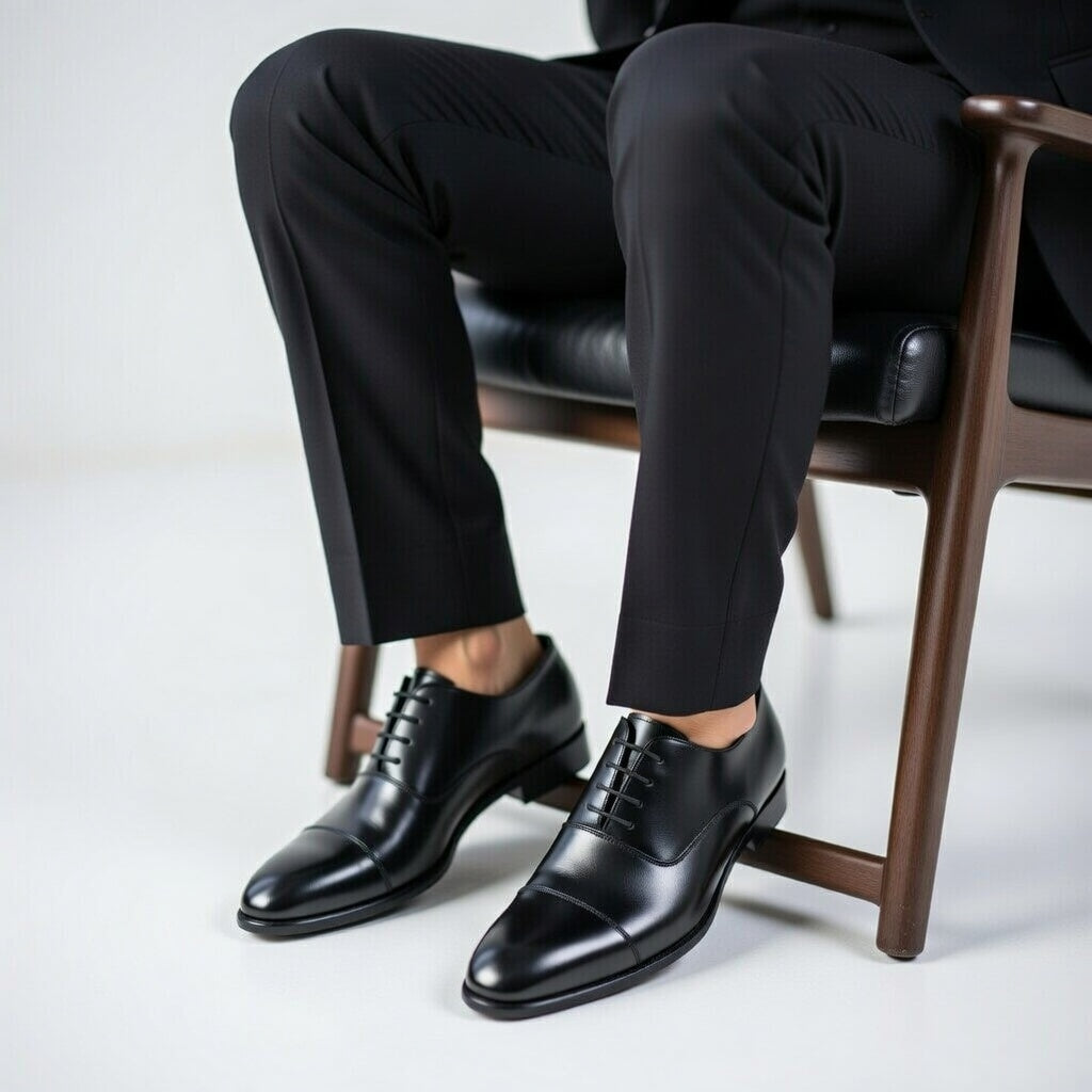Person wearing black dress shoes and pants sitting on a chair.