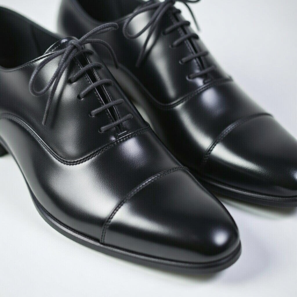 Pair of black dress shoes on a light gray background