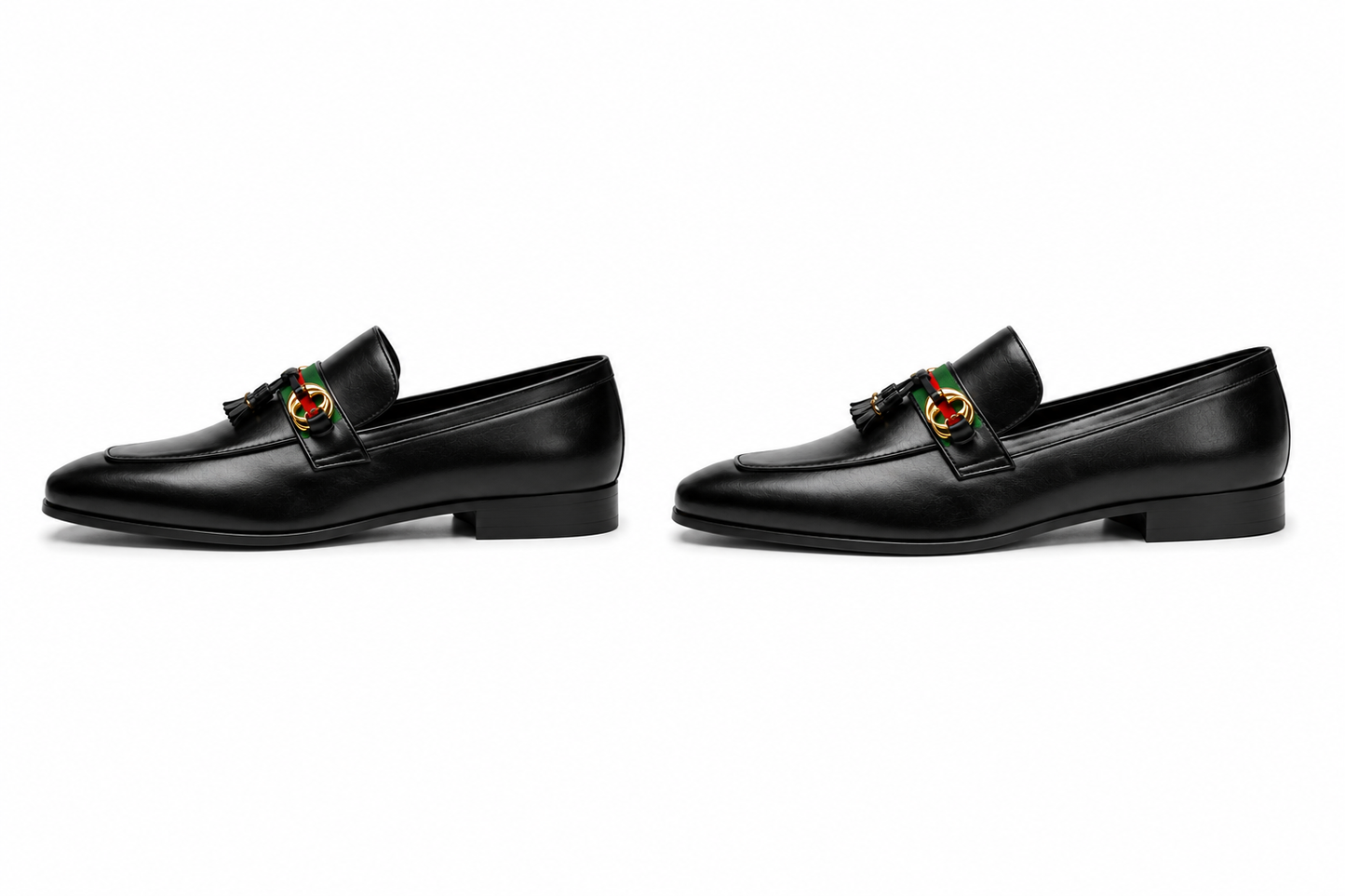 Black Leather Tassel Loafers with Gold Double G Horsebit and Green Red Web Stripe - Mens Side View Pair Without Gold Tassel Rings