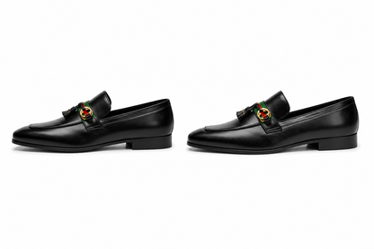 Black Leather Tassel Loafers with Gold Double G Horsebit and Green Red Web Stripe - Mens Side View Pair Without Gold Tassel Rings