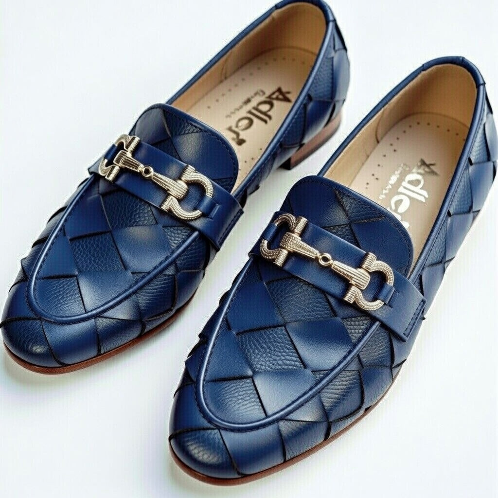 Men’s Navy Blue Woven Leather Loafers – Premium Handmade Slip-On Formal Shoes