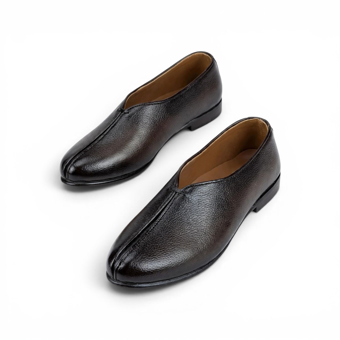 A pair of men's slip-on loafers in dark brown textured leather, displayed on a clean white background.