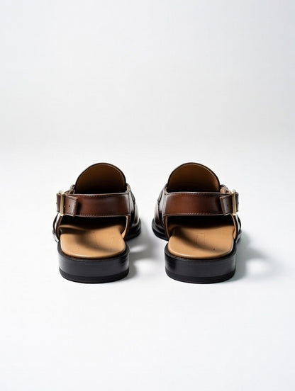 Pair of brown sandals on a white background
