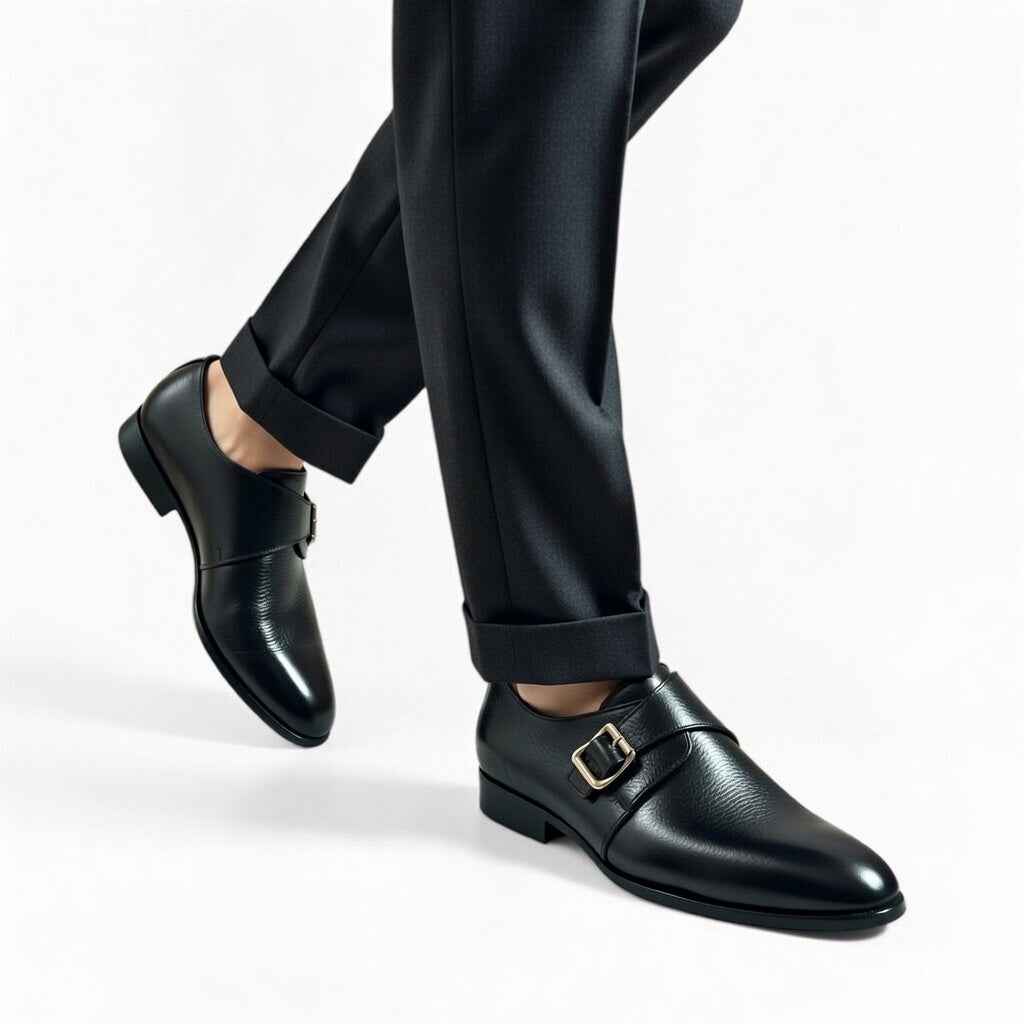 AS - Mok"Men’s Black Leather Monk Strap Dress Shoes