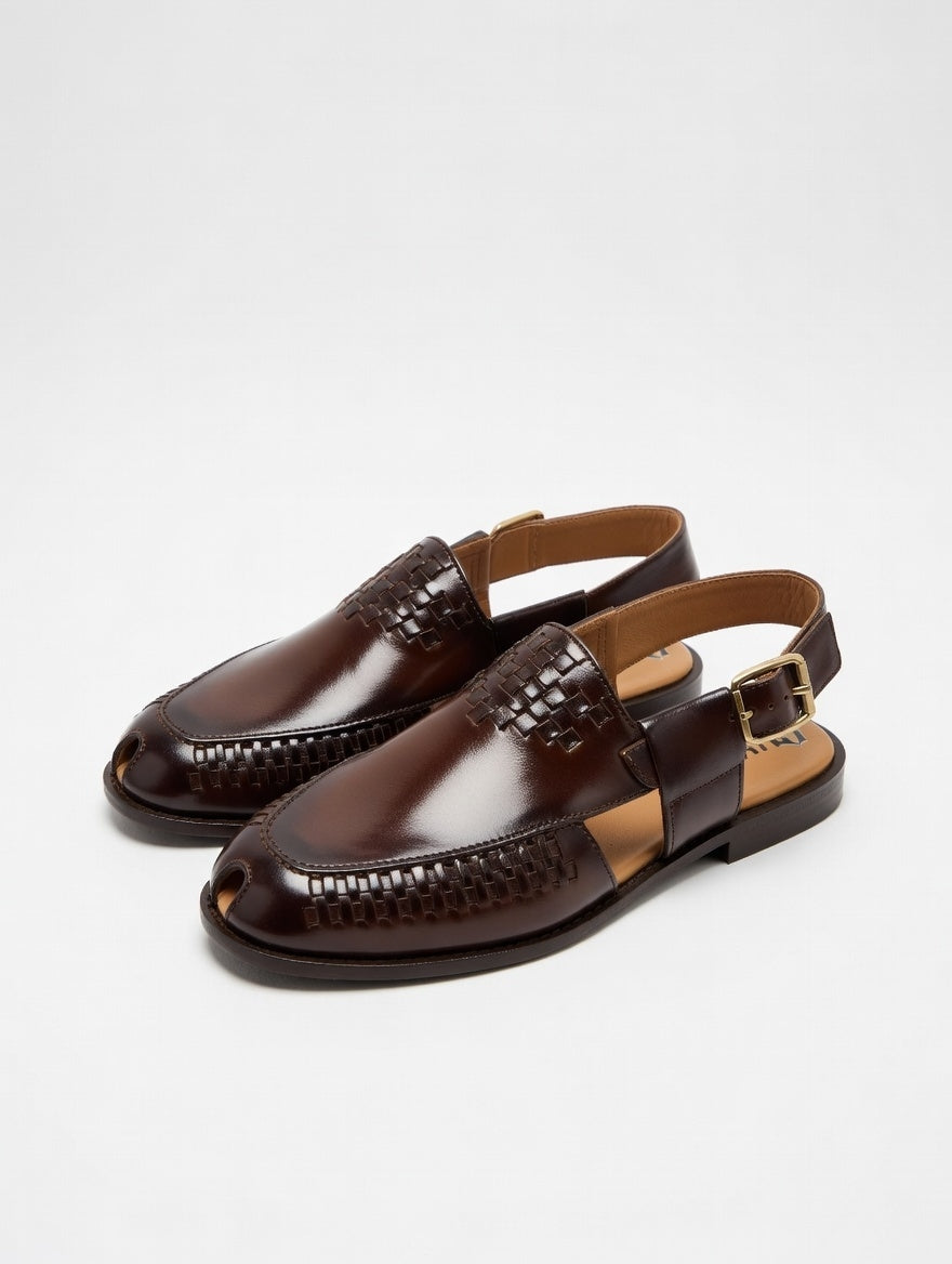 Pair of brown leather shoes with a buckle on a white background