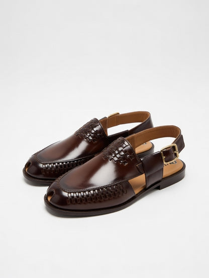 Pair of brown leather shoes with a buckle on a white background