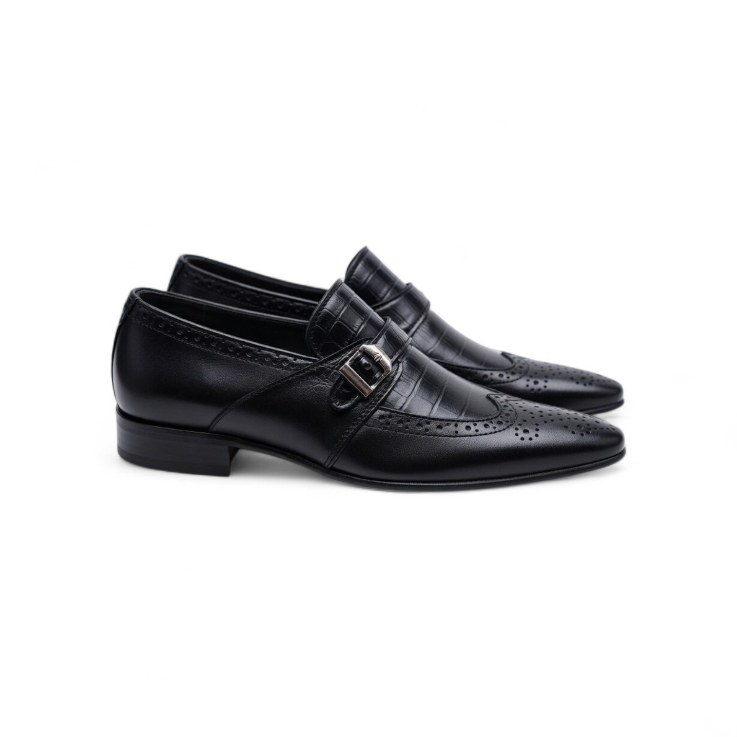 Black dress shoes with a buckle on a white background