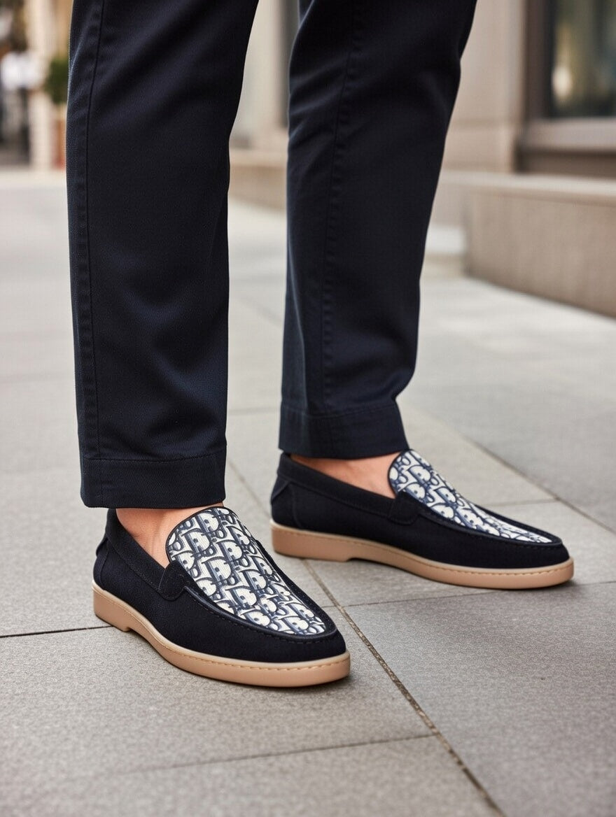 Men’s Black Designer Loafers with Patterned Panel – Slip-On Casual Shoes