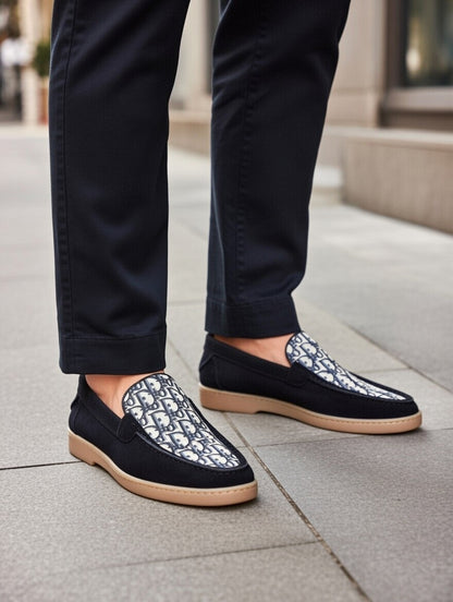 Men’s Black Designer Loafers with Patterned Panel – Slip-On Casual Shoes