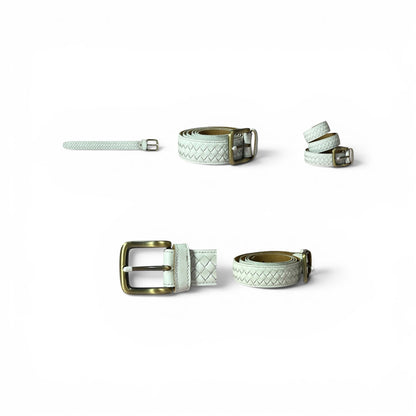 A light mint green woven leather belt shown in multiple views, including a flat strap, a coiled belt, and a close-up of the buckle, on a clean white background.