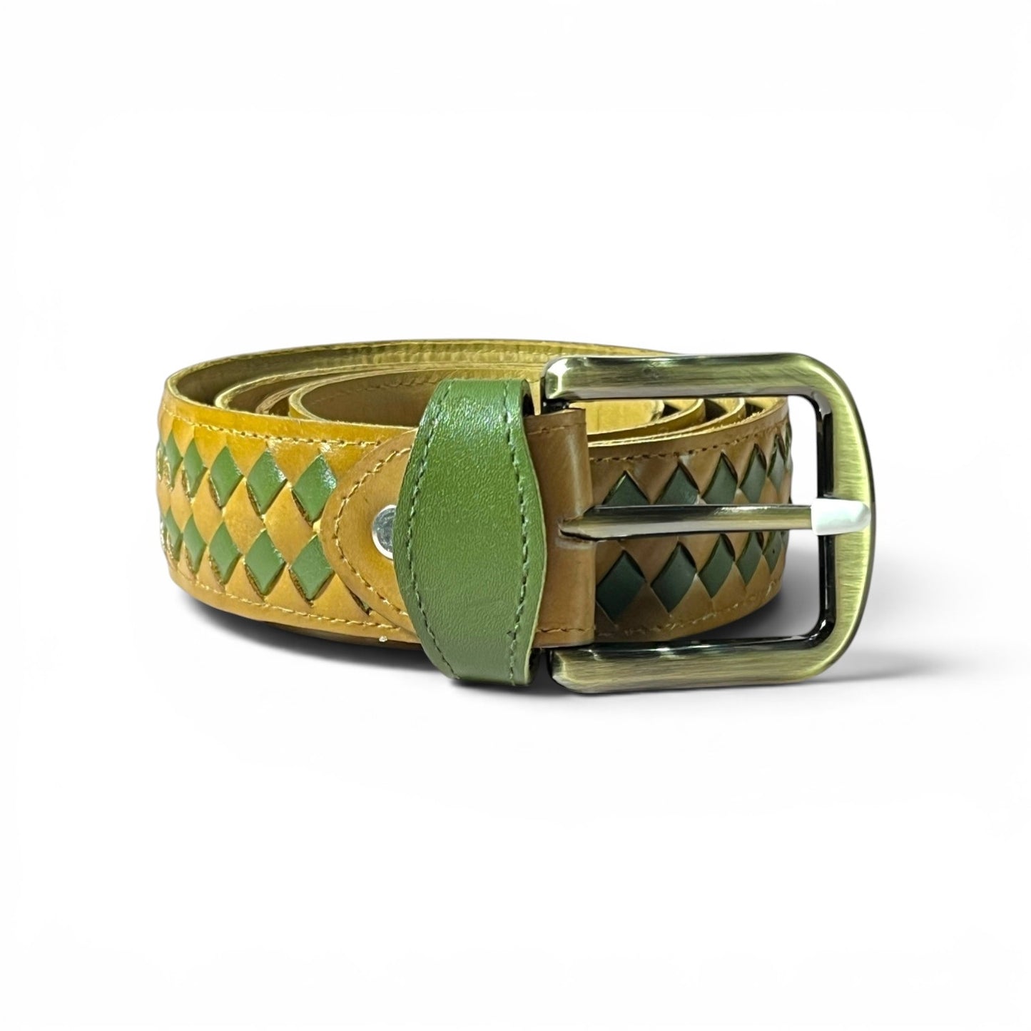 A woven leather belt in olive green and mustard yellow with a diamond pattern, featuring a solid green keeper loop and a brushed silver-tone metal buckle.
