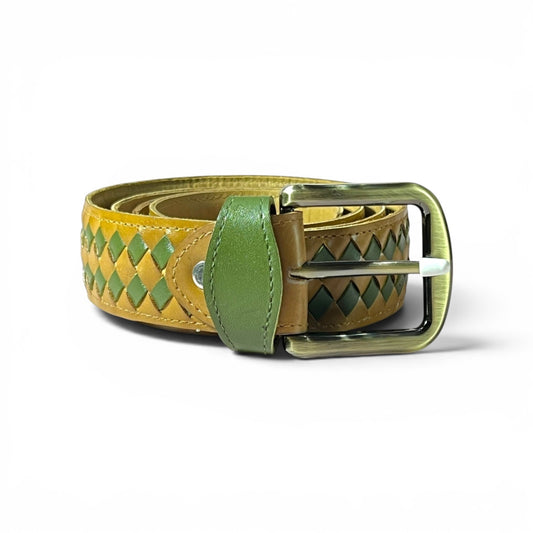 A woven leather belt in olive green and mustard yellow with a diamond pattern, featuring a solid green keeper loop and a brushed silver-tone metal buckle.