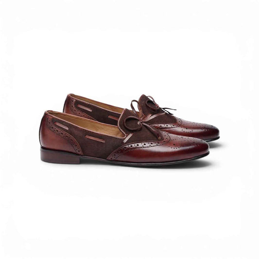 AS Noir Bow "Men's Two-Tone Burgundy Brogue Bow Loafer - Suede & Leather Formal Slip-On