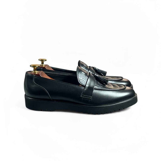 AS - Leka"Black Croc-Textured Leather Tassel Loafers for Men