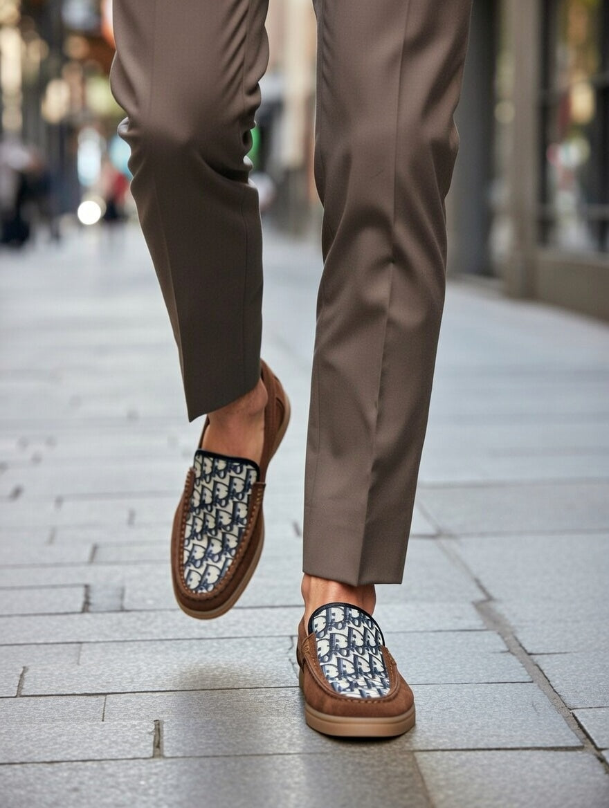 Men’s Brown Designer Loafers with Patterned Panel – Slip-On Casual Shoes