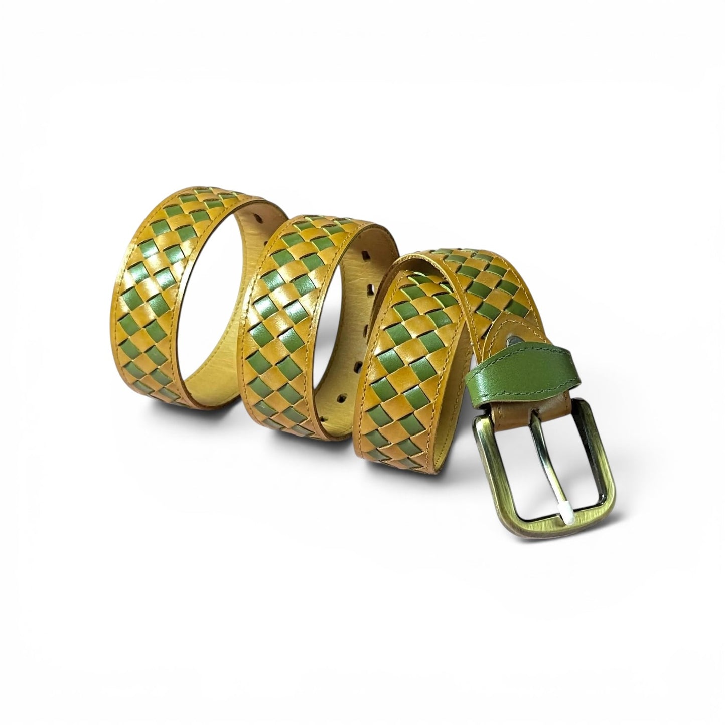 A woven leather belt with a yellow and green checkered pattern, featuring a green keeper loop and a silver-tone metal buckle, coiled on a white background.