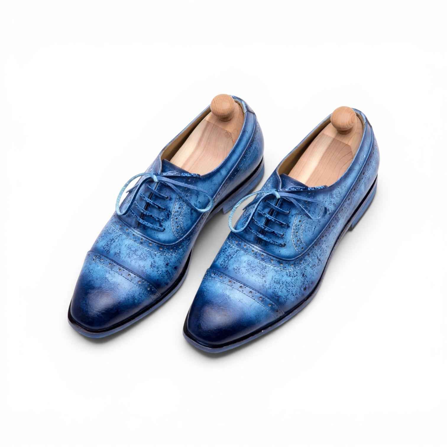 AS - Oceano "Hand-Painted Blue Marble Patina Brogue Oxfords - Full Grain Leather Wingtip Dress Shoes