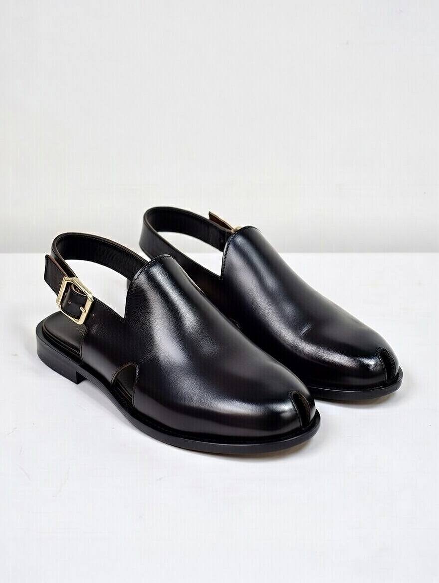 Pair of black leather shoes with a buckle on a white background