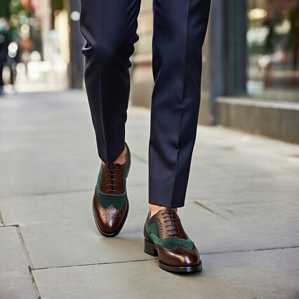 Person wearing dark blue pants and brown shoes with green accents on a city street.