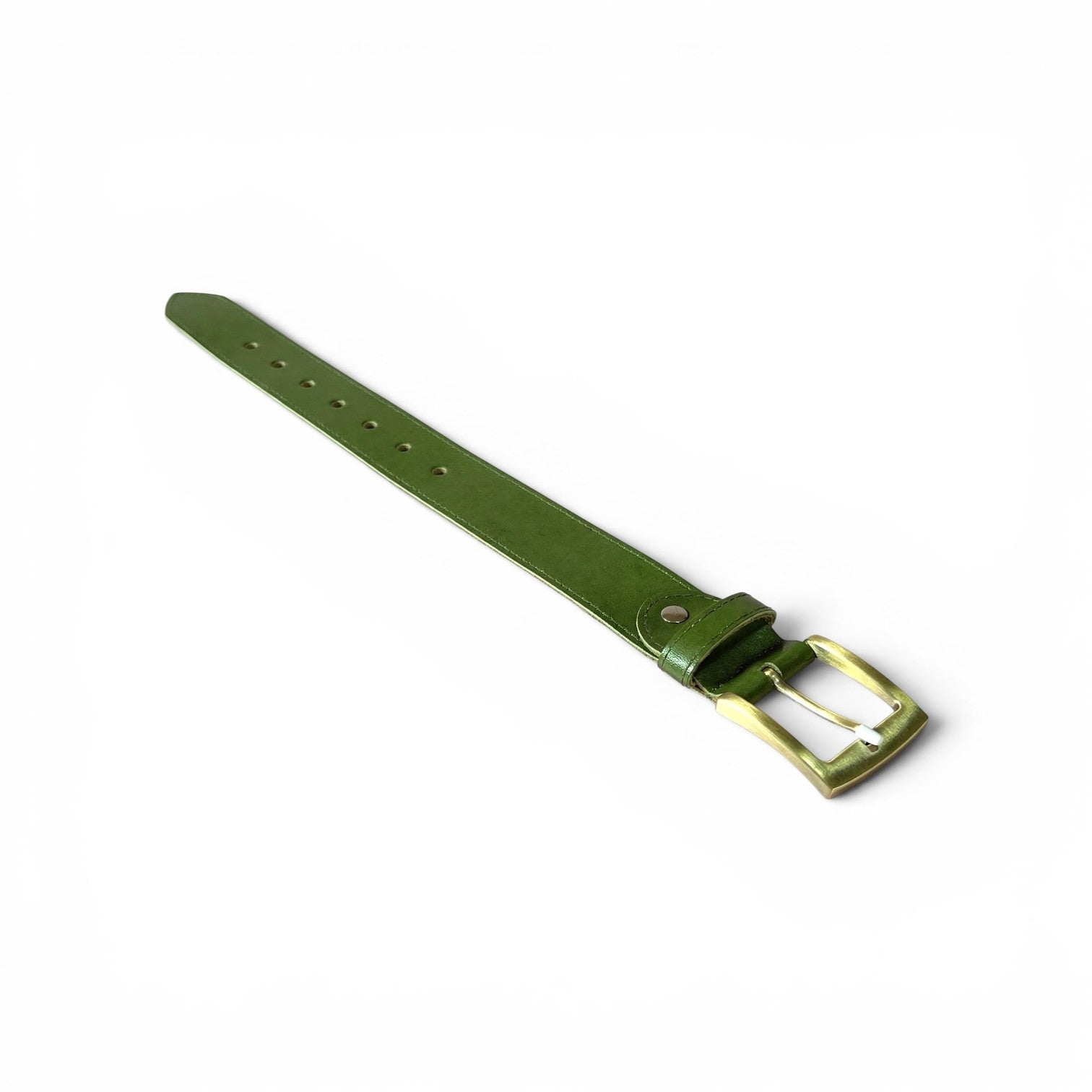 An olive green leather watch strap with a gold-tone metal buckle, shown diagonally on a plain white background..
