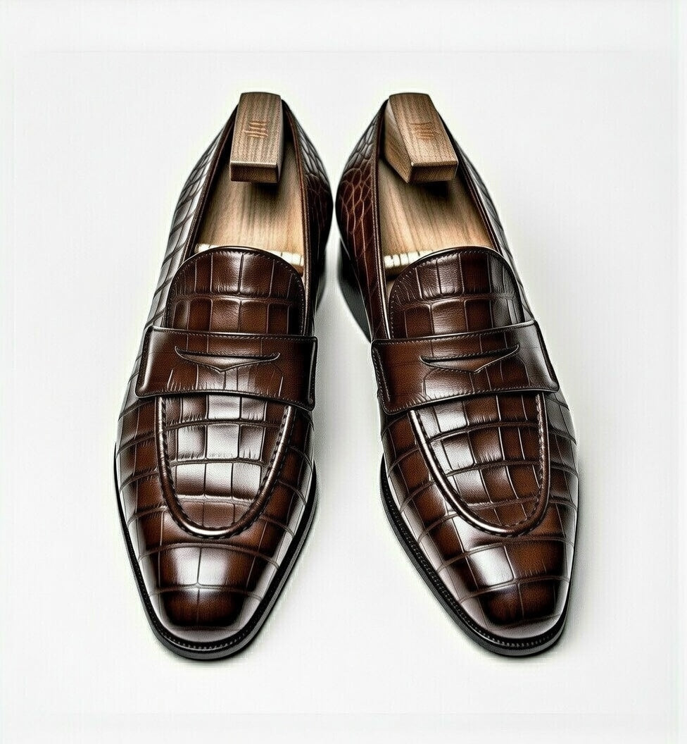 Pair of brown crocodile-patterned loafers on a light gray background