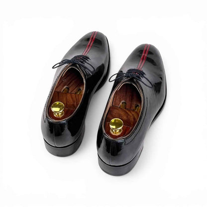 AS - RossoCorsa" Men's Black Patent Oxford - Double Red Racing Stripe Formal Lace-Up Shoes | Mirror Gloss Tuxedo Edition